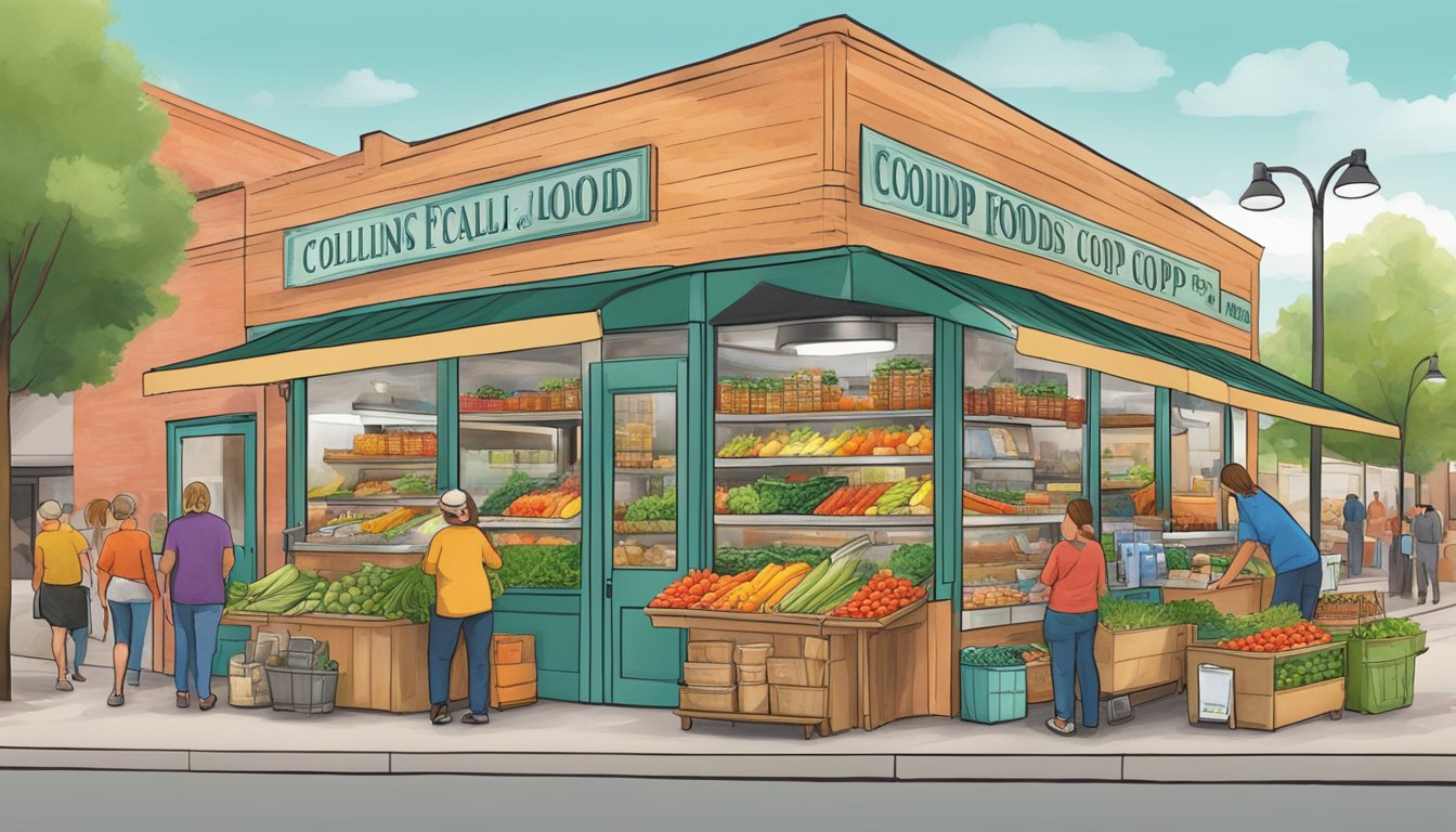 A bustling local food coop in Fort Collins, with colorful produce, artisanal goods, and friendly vendors