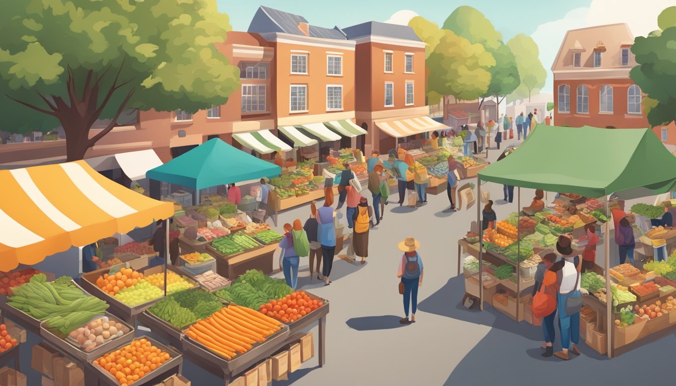 A bustling farmers' market with colorful produce stalls and a crowd of shoppers browsing local food and artisan goods