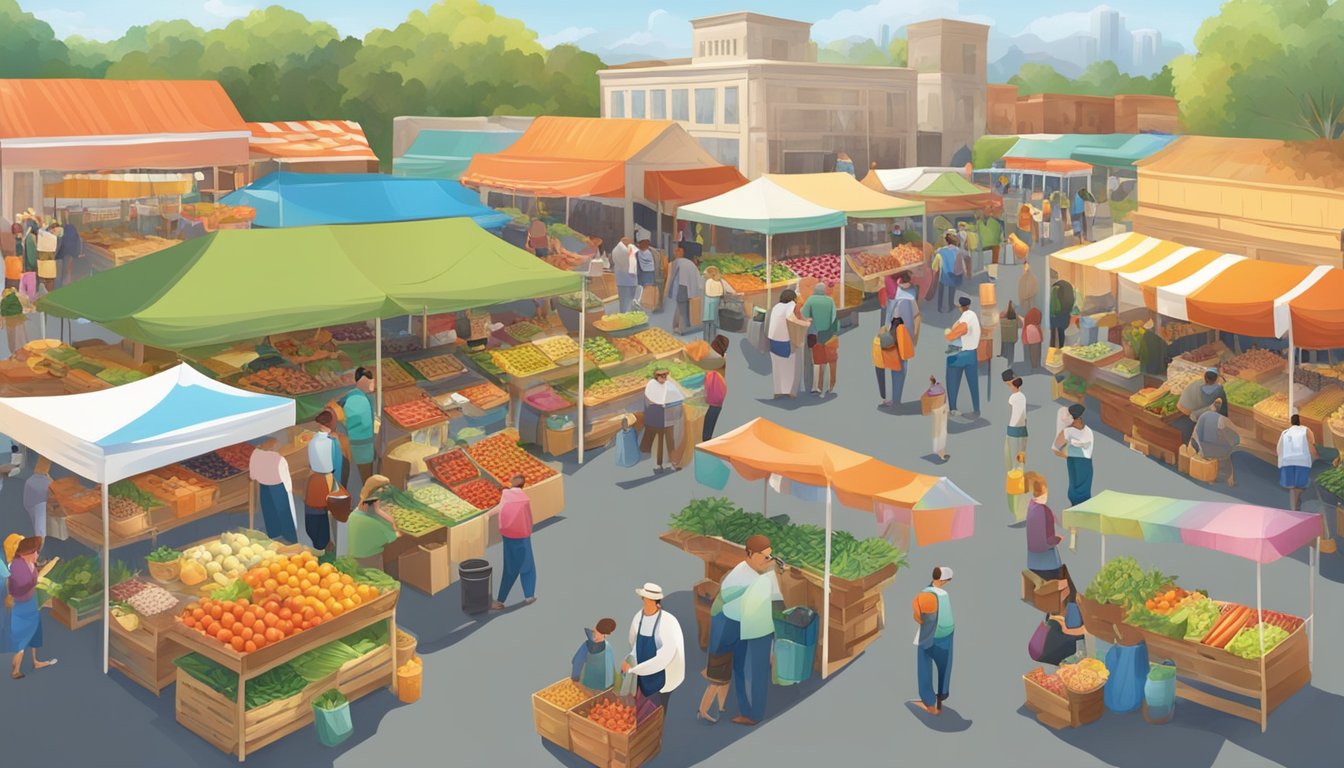 A bustling farmers' market with colorful produce stalls and a diverse array of local food vendors. A vibrant community hub with a welcoming atmosphere