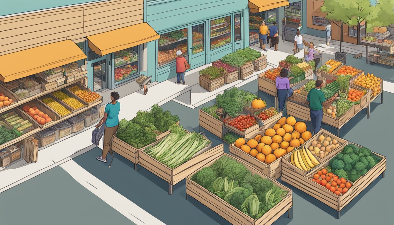 A bustling local food coop in Fort Collins, CO, with colorful produce, eco-friendly packaging, and customers shopping sustainably