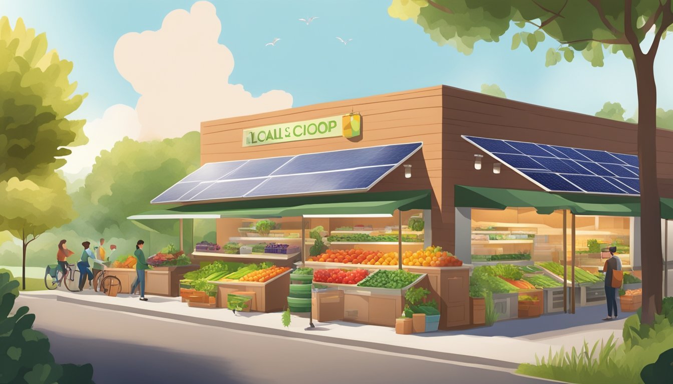 A bustling local food coop with colorful produce, reusable bags, and eco-friendly products, surrounded by greenery and solar panels