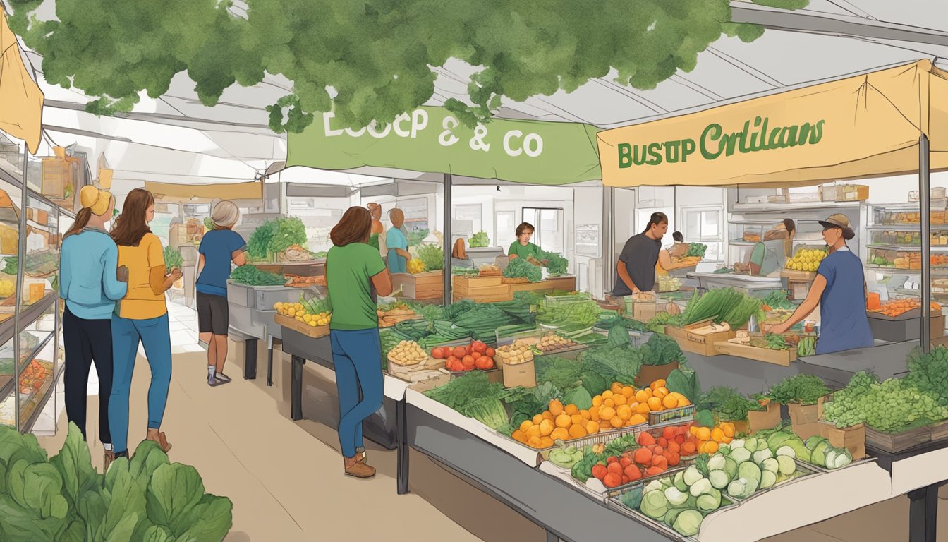 A bustling local food co-op with members browsing produce and participating in workshops in Fort Collins, CO