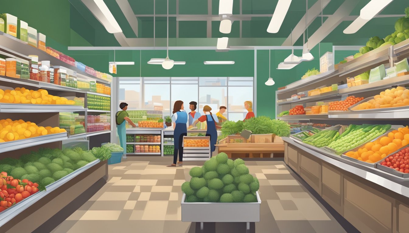 A bustling local food co-op with colorful produce, shelves of bulk goods, and a friendly atmosphere