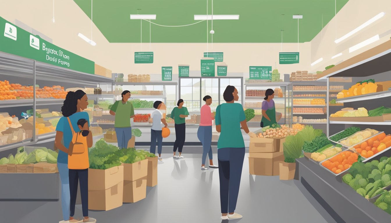 A bustling food co-op in Hayward, CA, with shelves stocked full of locally-sourced produce, dairy, and pantry items. Customers chat with staff as they fill their reusable bags with fresh, organic goods