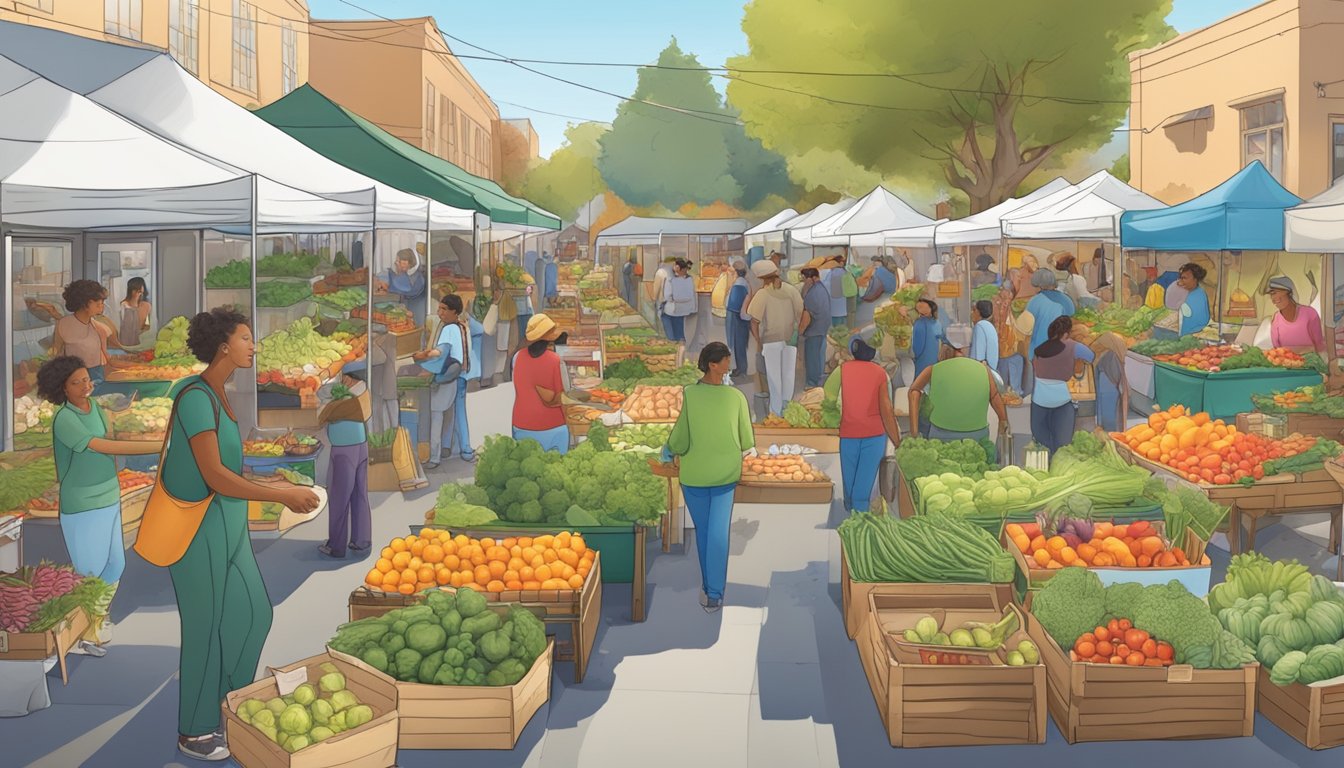 A bustling farmers' market with colorful stalls and diverse produce, surrounded by local food co-ops and community gardens in Hayward, CA