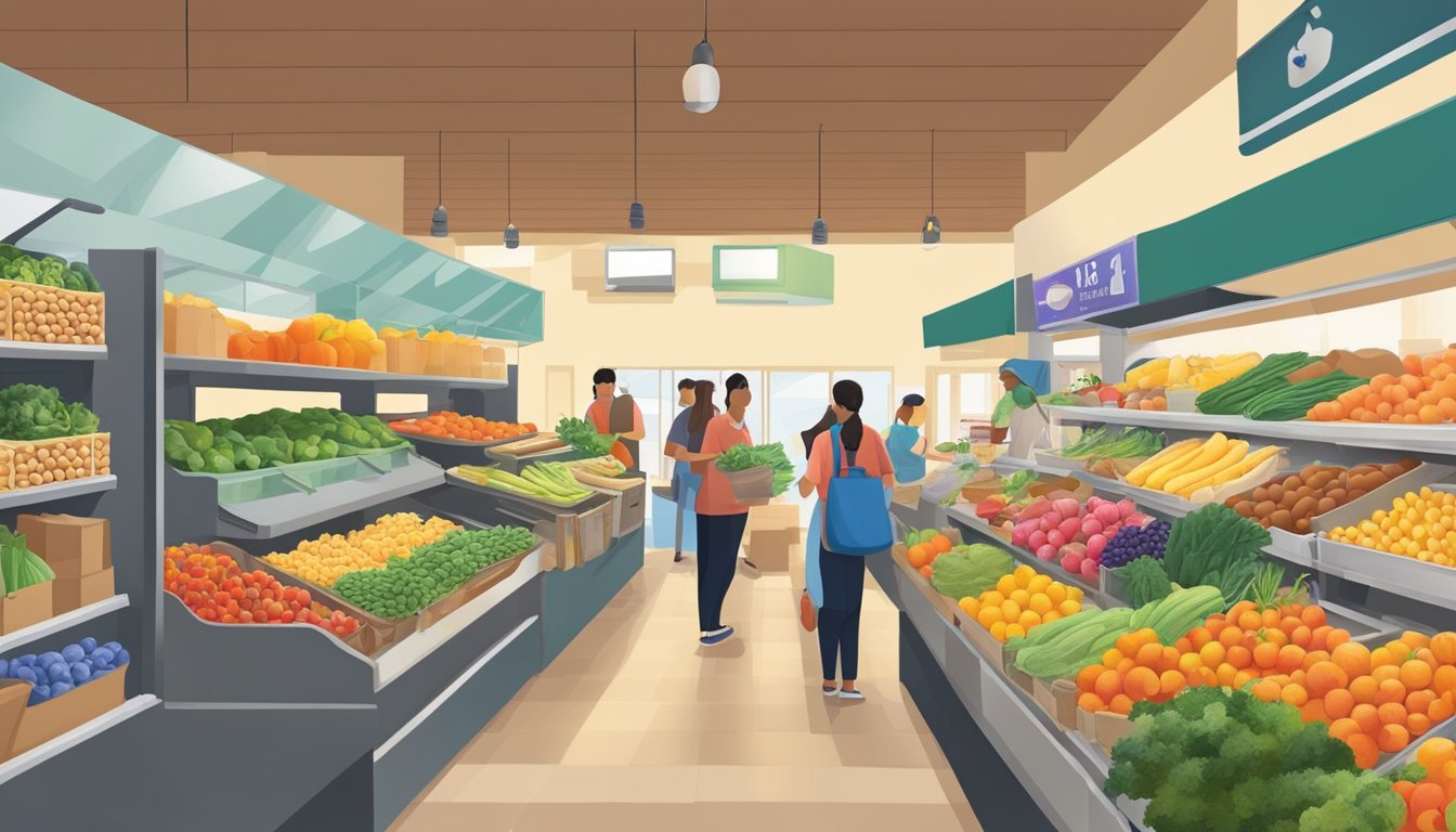 A bustling local food coop in West Covina, CA, with colorful produce, shelves of goods, and friendly staff assisting customers