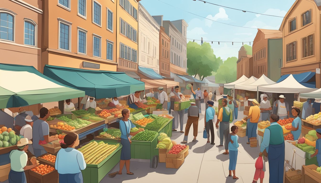 A bustling farmer's market with vendors and customers exchanging goods and money