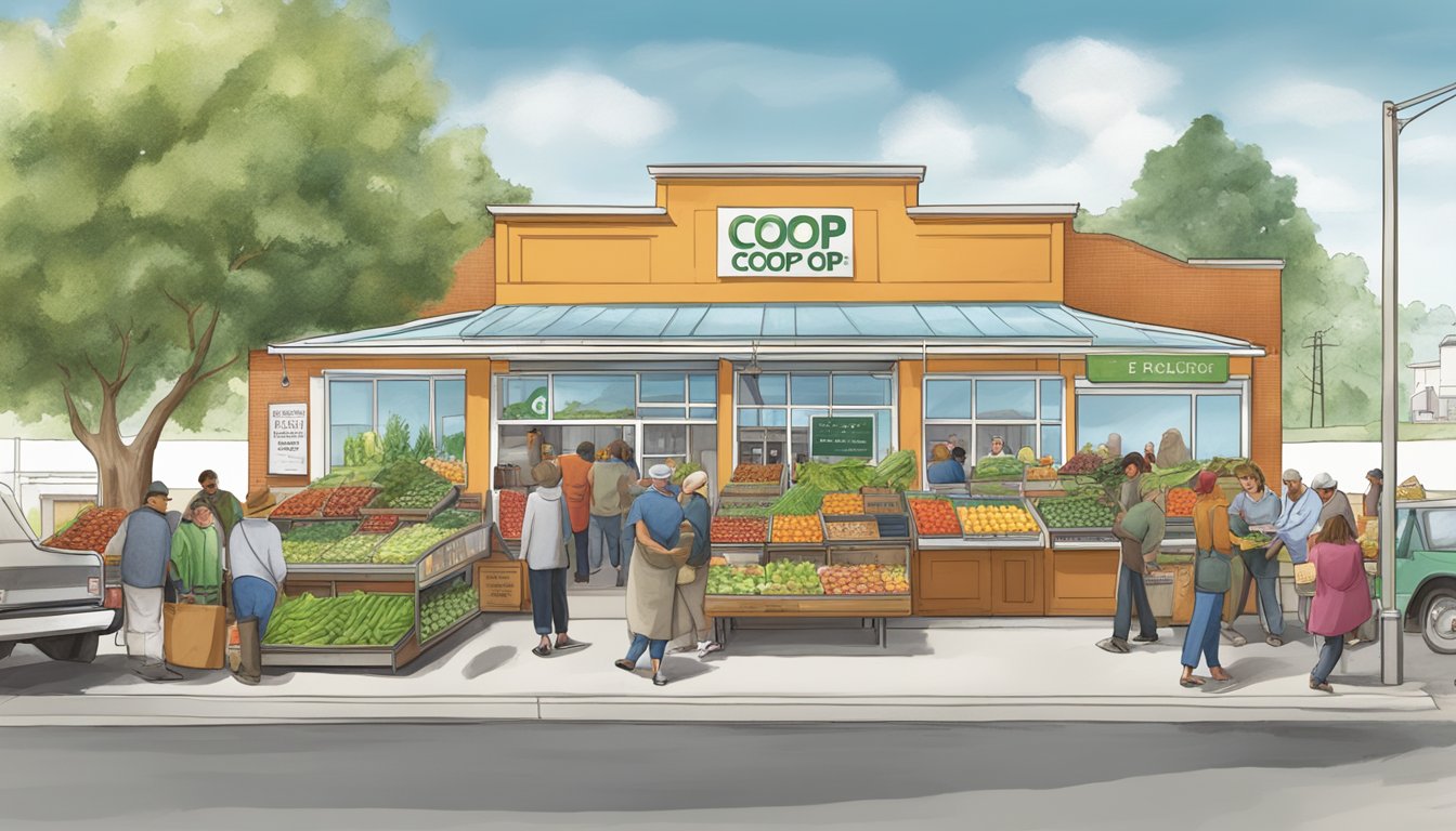 A bustling local food co-op with diverse produce, engaged community members, and educational signage