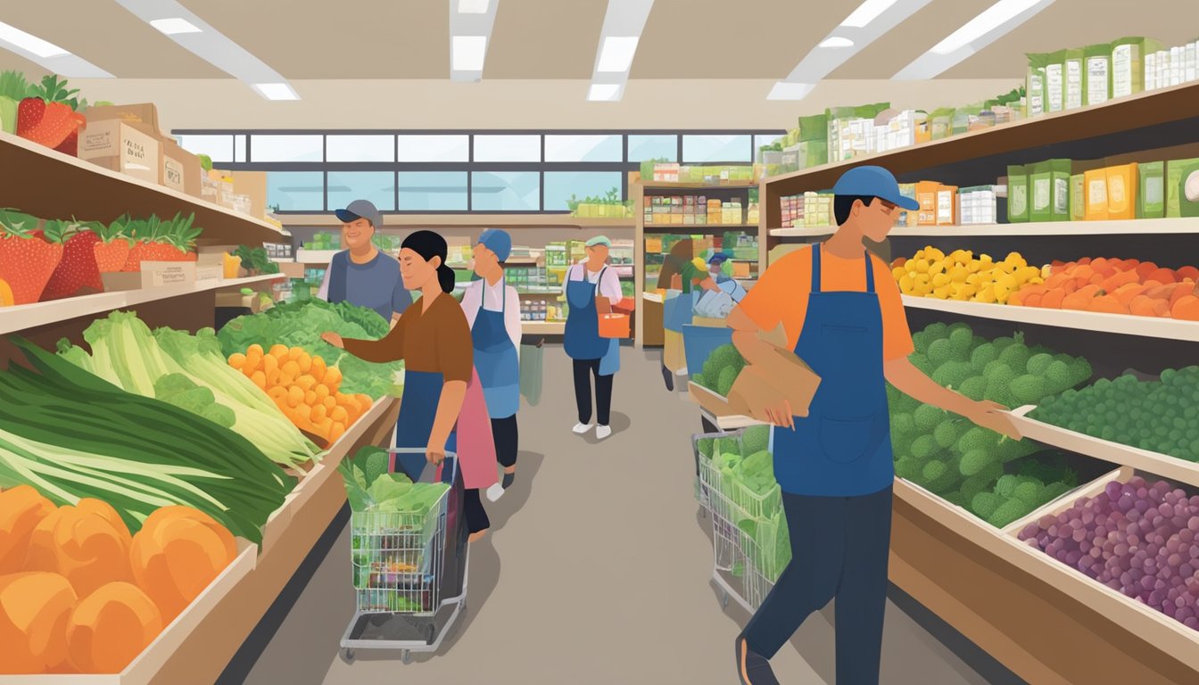 A bustling local food co-op in Hayward, CA, with volunteers assisting customers and shelves stocked with fresh produce and goods