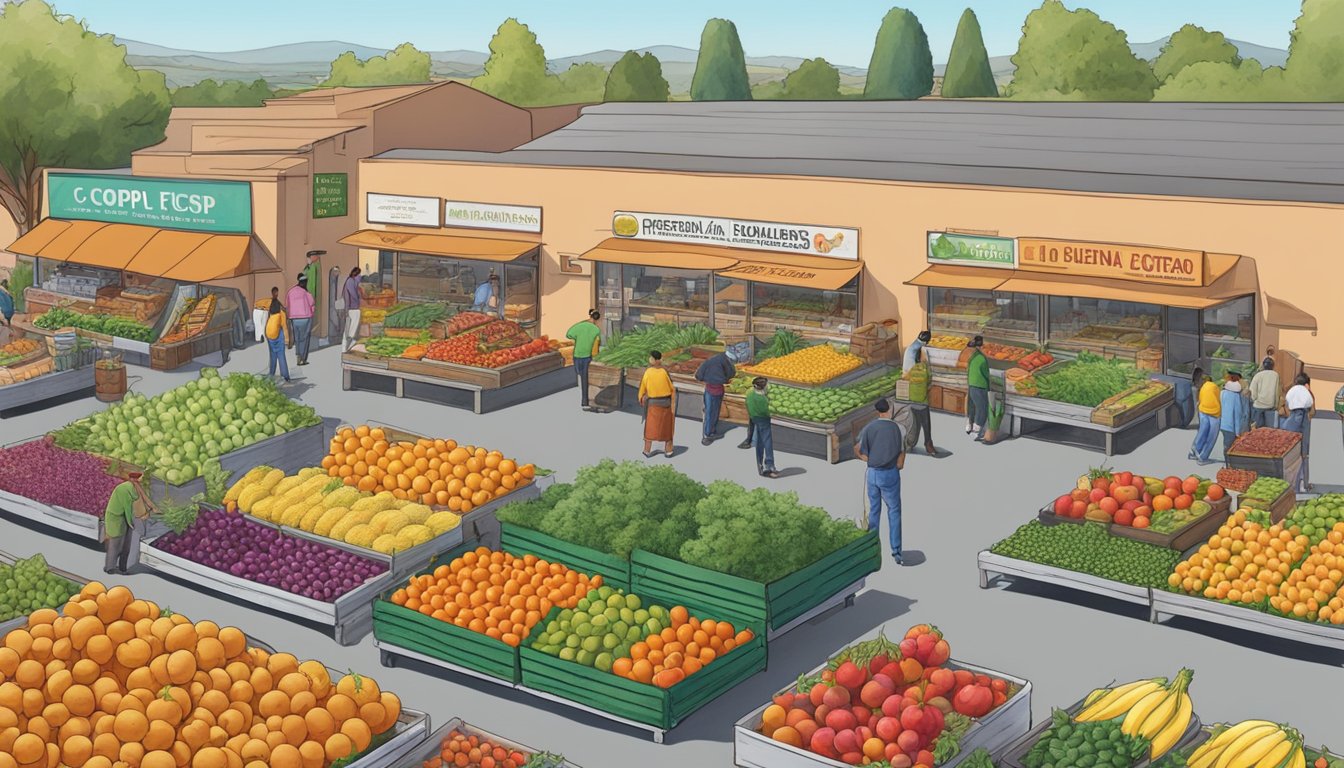 A bustling local food coop in West Covina, CA, with rows of colorful produce, busy farmers, and sustainable agriculture practices