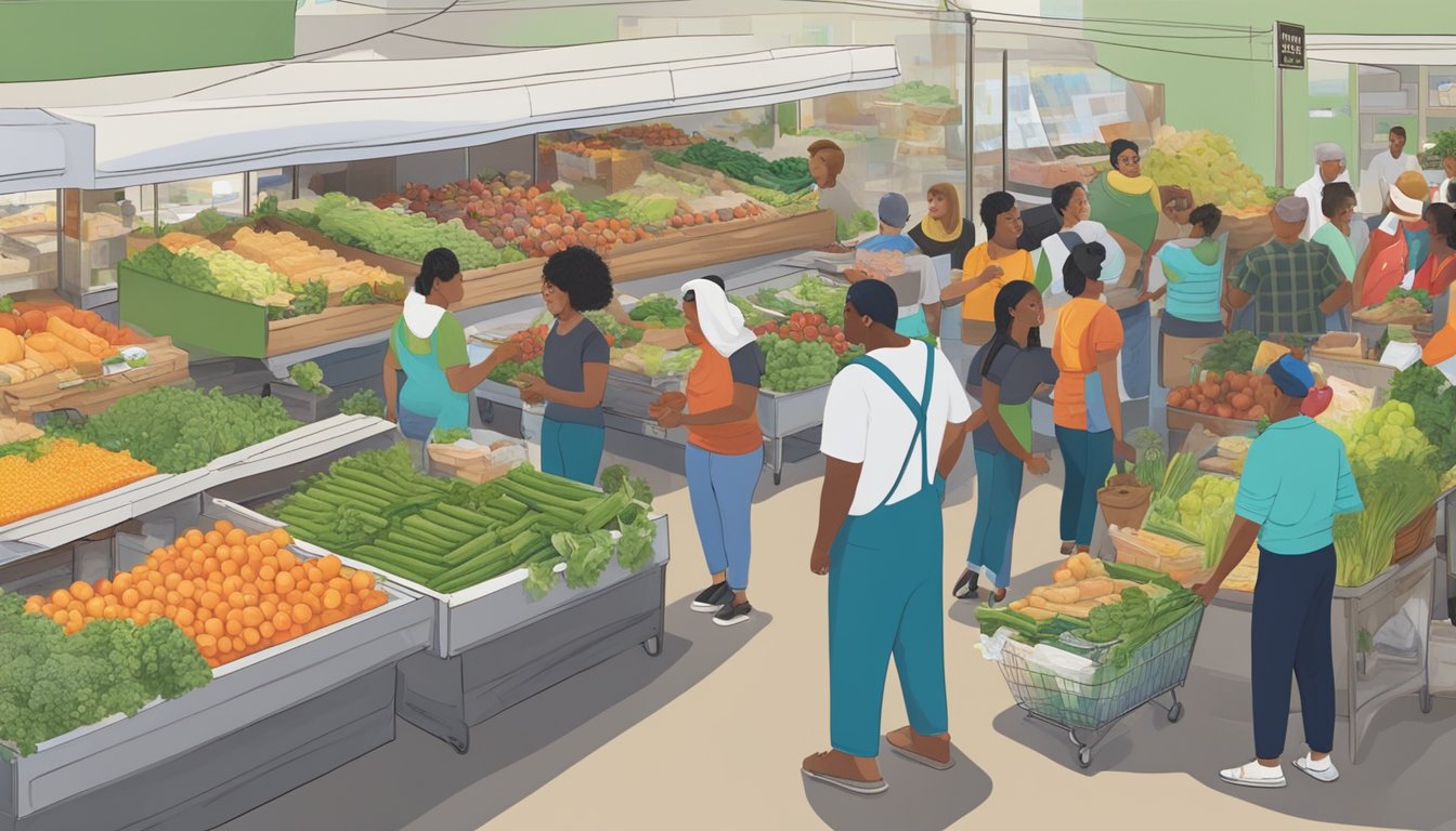 A bustling local food co-op in Hayward, CA, with diverse produce, community members, and staff promoting food justice