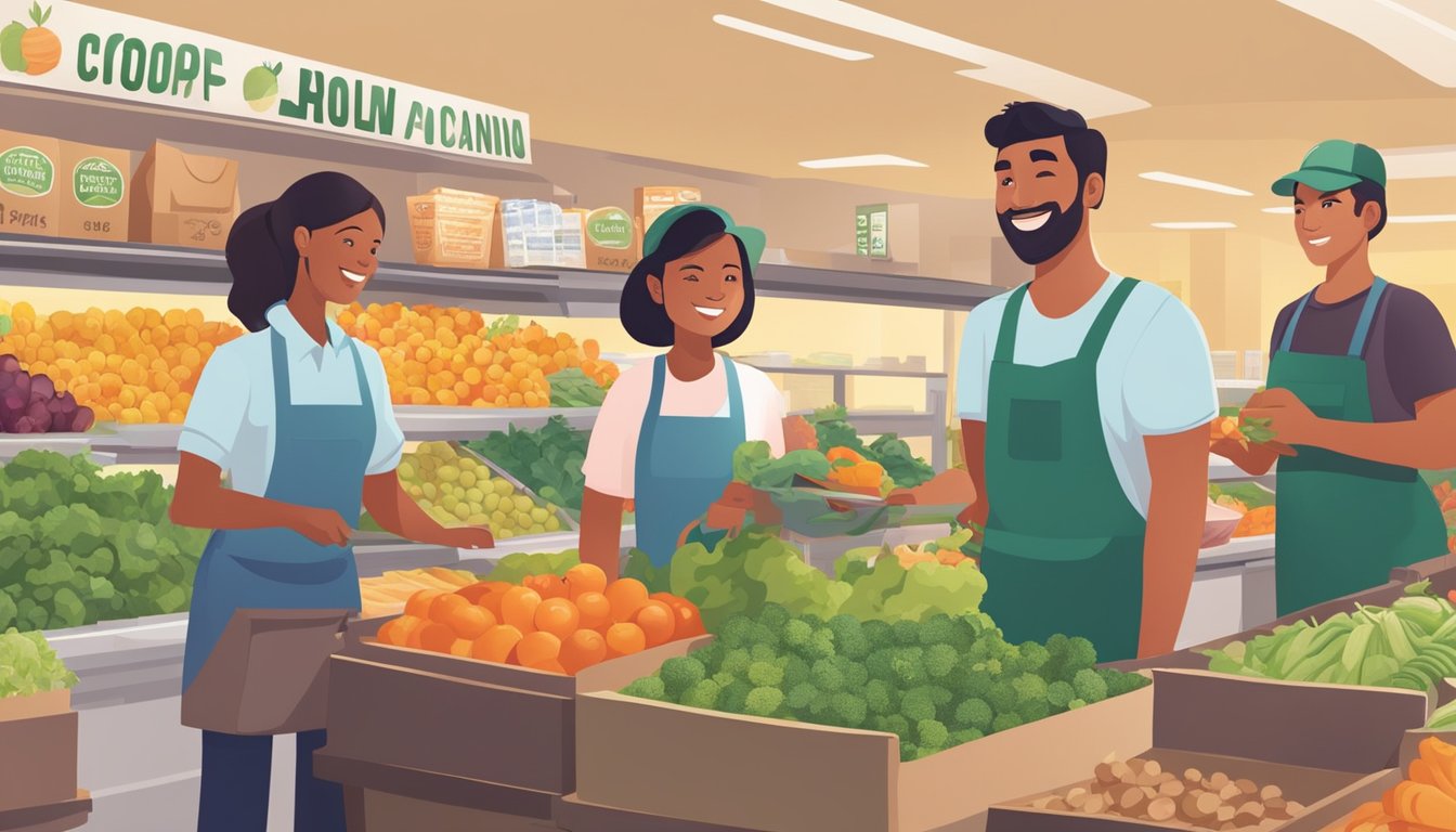 A bustling local food co-op in West Covina, CA, with a variety of fresh produce, friendly staff assisting customers, and a warm, inviting atmosphere