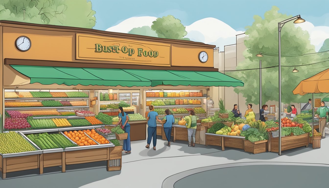 A bustling local food co-op with colorful produce displays and friendly staff assisting customers