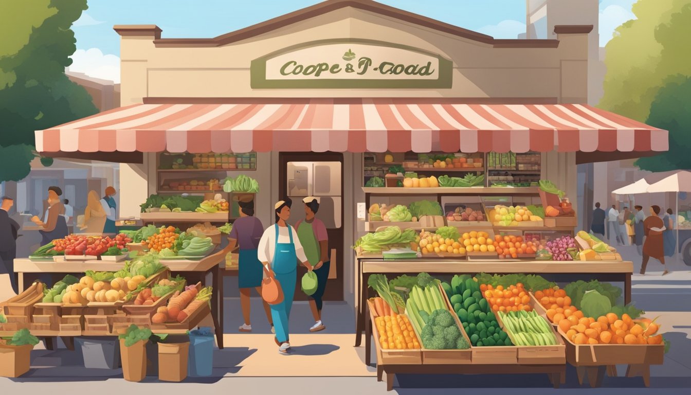 A bustling local food coop with colorful produce displays and friendly vendors under a spotlight