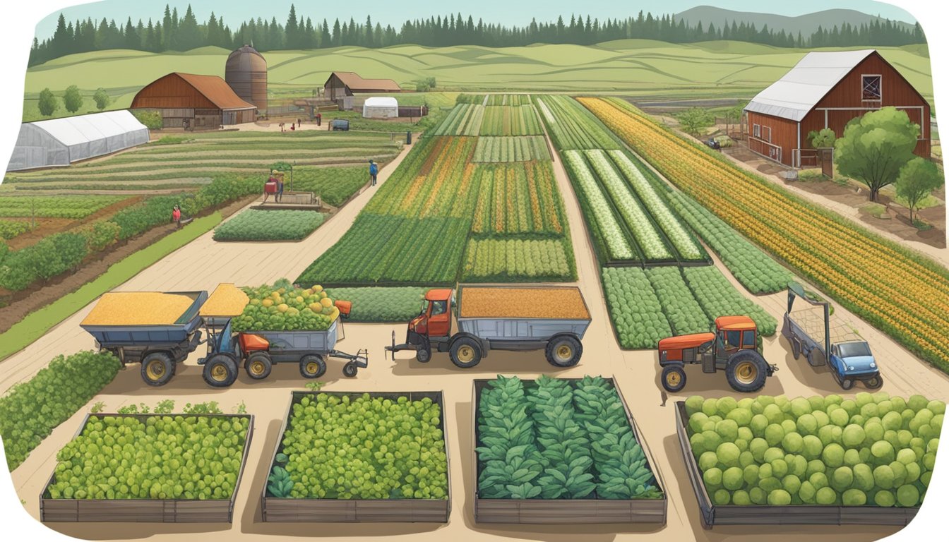 A lush farm landscape with rows of crops, a CSA pickup area, and a bustling local food coop in Bend, Oregon