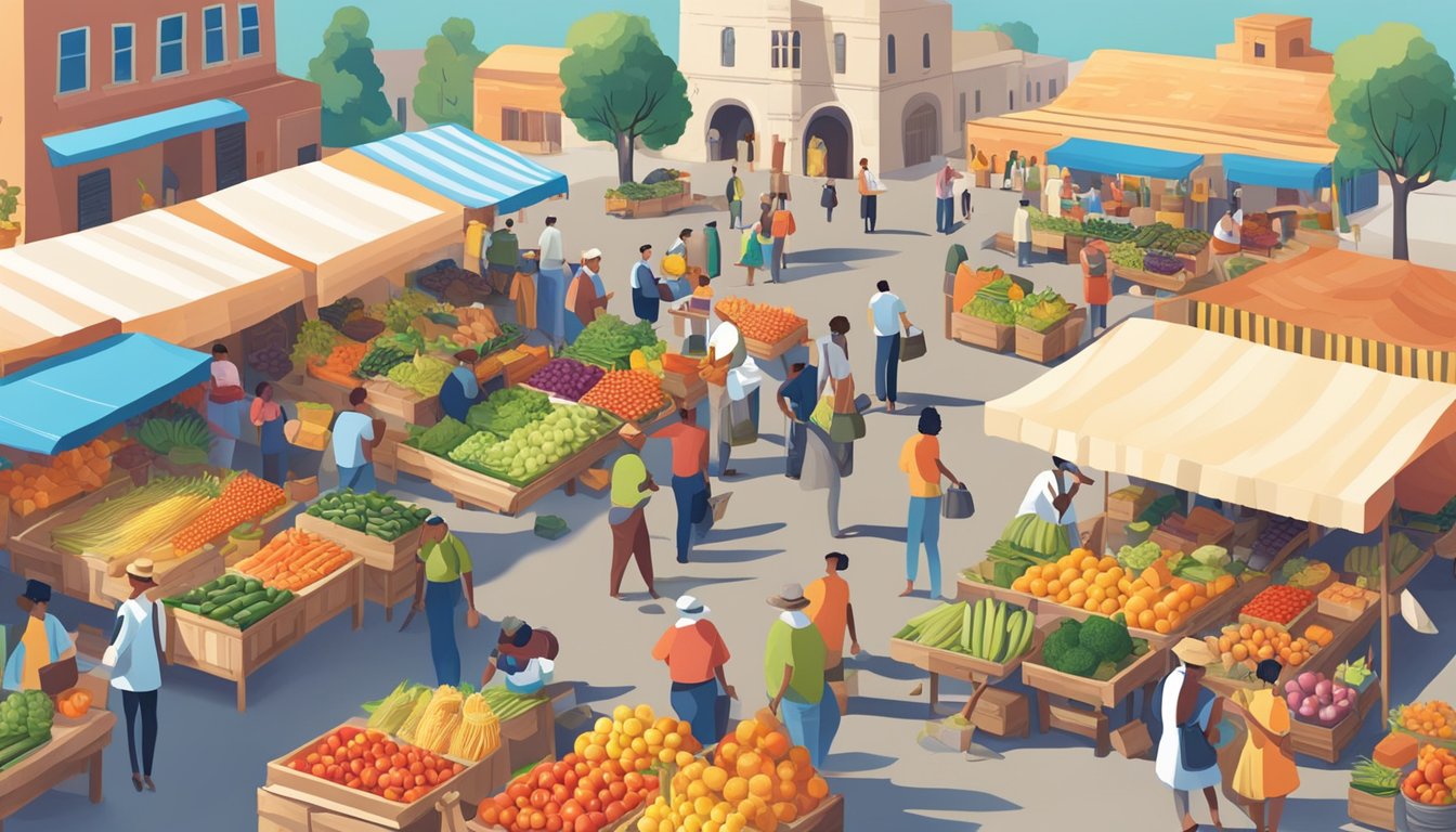 A bustling farmers market with colorful produce, artisanal goods, and friendly vendors under a bright blue sky