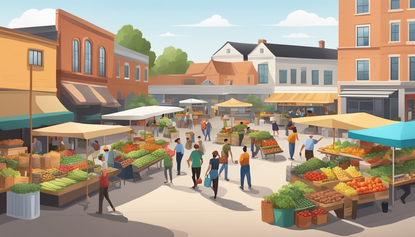 A bustling farmer's market with colorful stalls selling fresh produce, surrounded by cozy farm-to-table restaurants and a bustling co-op grocery store