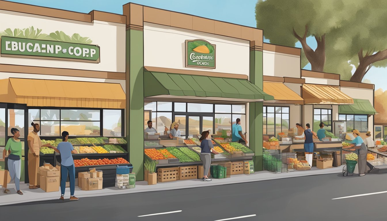 A bustling local food co-op in El Cajon, CA, with diverse members joining and supporting the cooperative through teamwork and collaboration