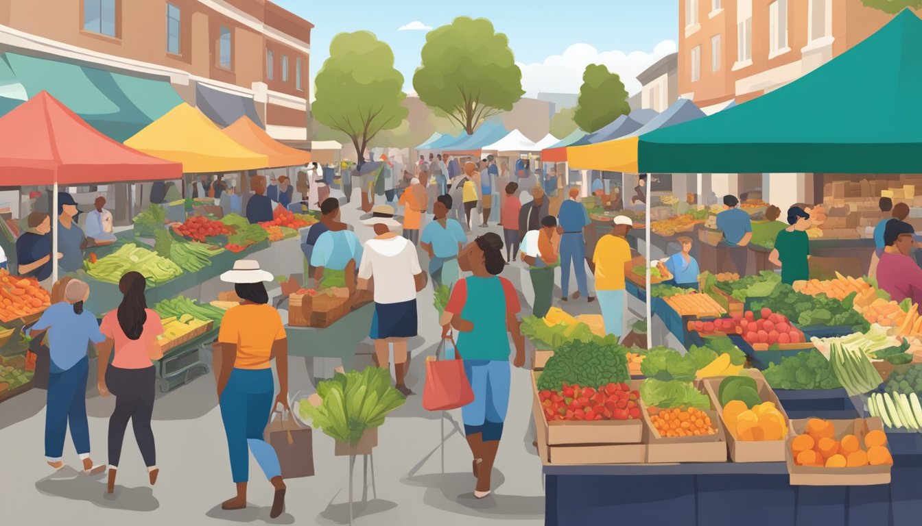 A bustling farmers' market with colorful produce stalls and a diverse crowd browsing local food co-op offerings in downtown Roseville, CA