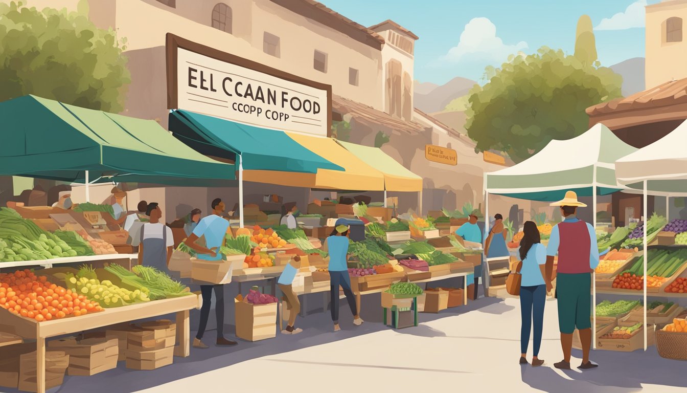 A bustling farmer's market with colorful produce stalls and a sign for "El Cajon Local Food Co-op Guide" amidst a backdrop of organic products