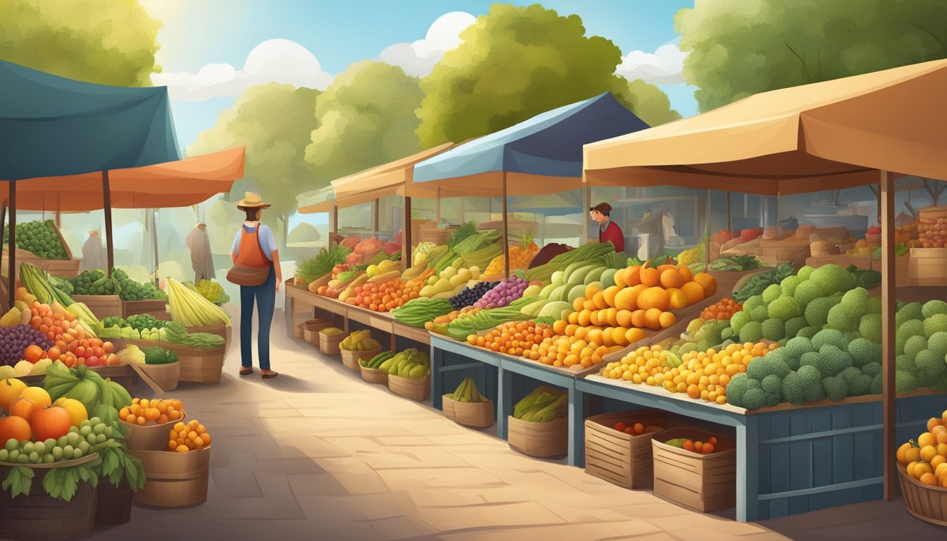 A farmer's market stall with colorful fruits and vegetables, surrounded by changing seasonal landscapes