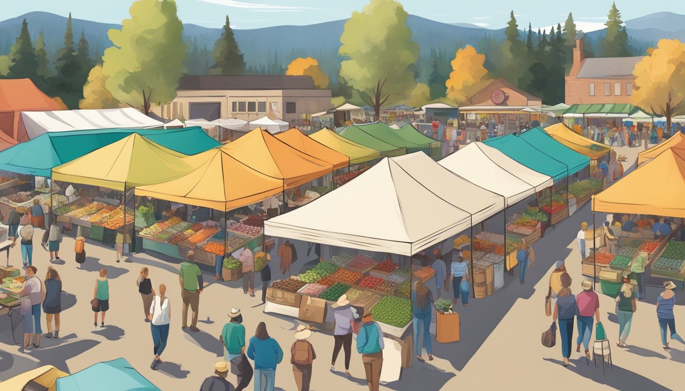 A bustling farmers' market with colorful tents, fresh produce, and a diverse crowd enjoying local food and community events in Bend, Oregon