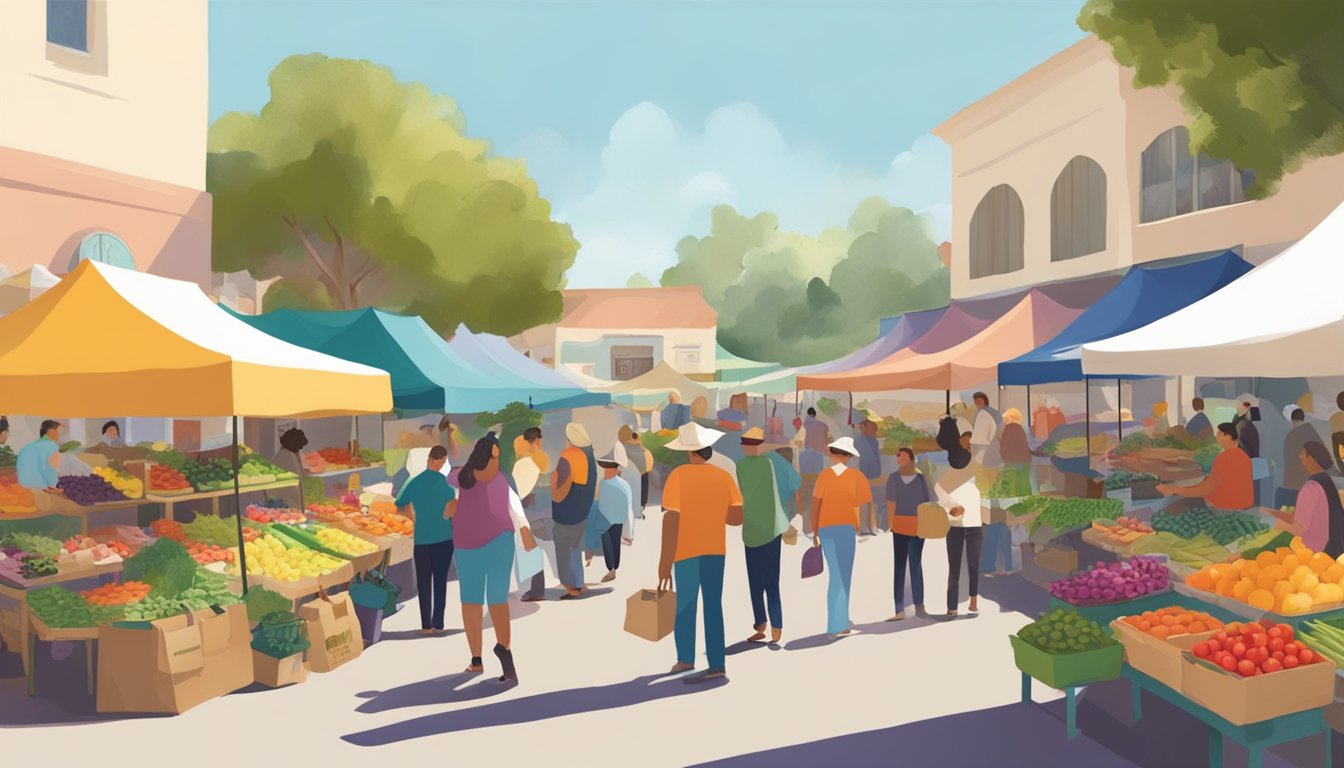 A bustling farmers' market in El Cajon, with colorful stalls overflowing with fresh produce, flowers, and local goods. Customers chat with farmers and vendors, exchanging goods and smiles