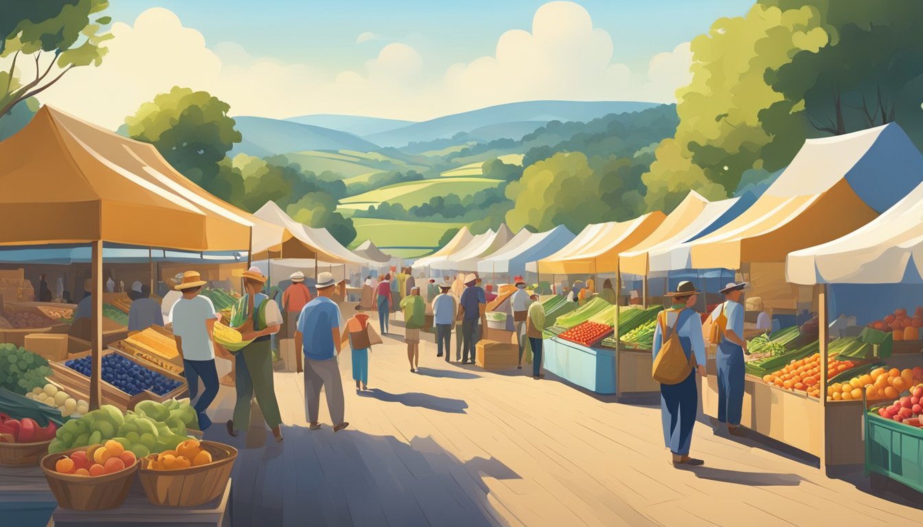 A bustling farmers' market with colorful stalls and fresh produce, surrounded by a scenic landscape of rolling hills and a clear blue sky