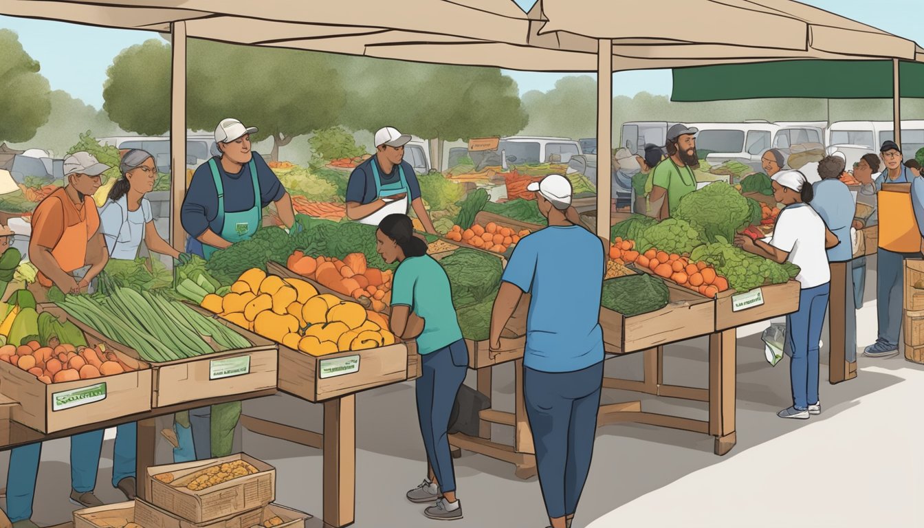 A bustling local food coop with members and volunteers working together to organize and distribute fresh produce and goods in Roseville, CA