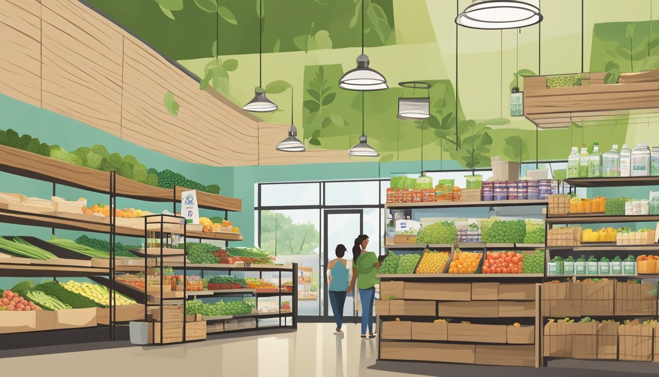 A bustling local food co-op in El Cajon, CA, with shelves stocked with fresh produce, bulk grains, and eco-friendly household products. Customers bring reusable bags and containers to fill with sustainable groceries