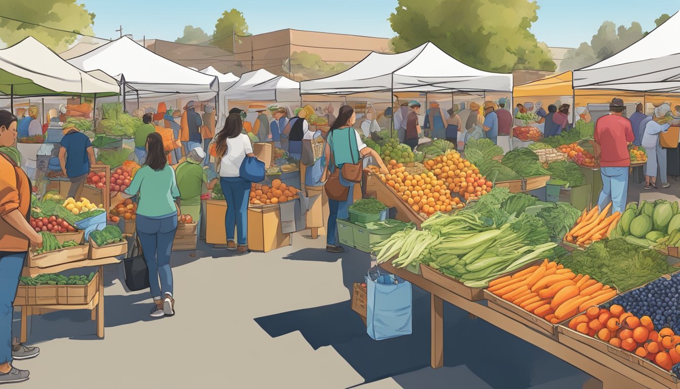 A bustling farmers' market with colorful stalls of fresh produce and local products in Roseville, CA. Busy shoppers explore the offerings