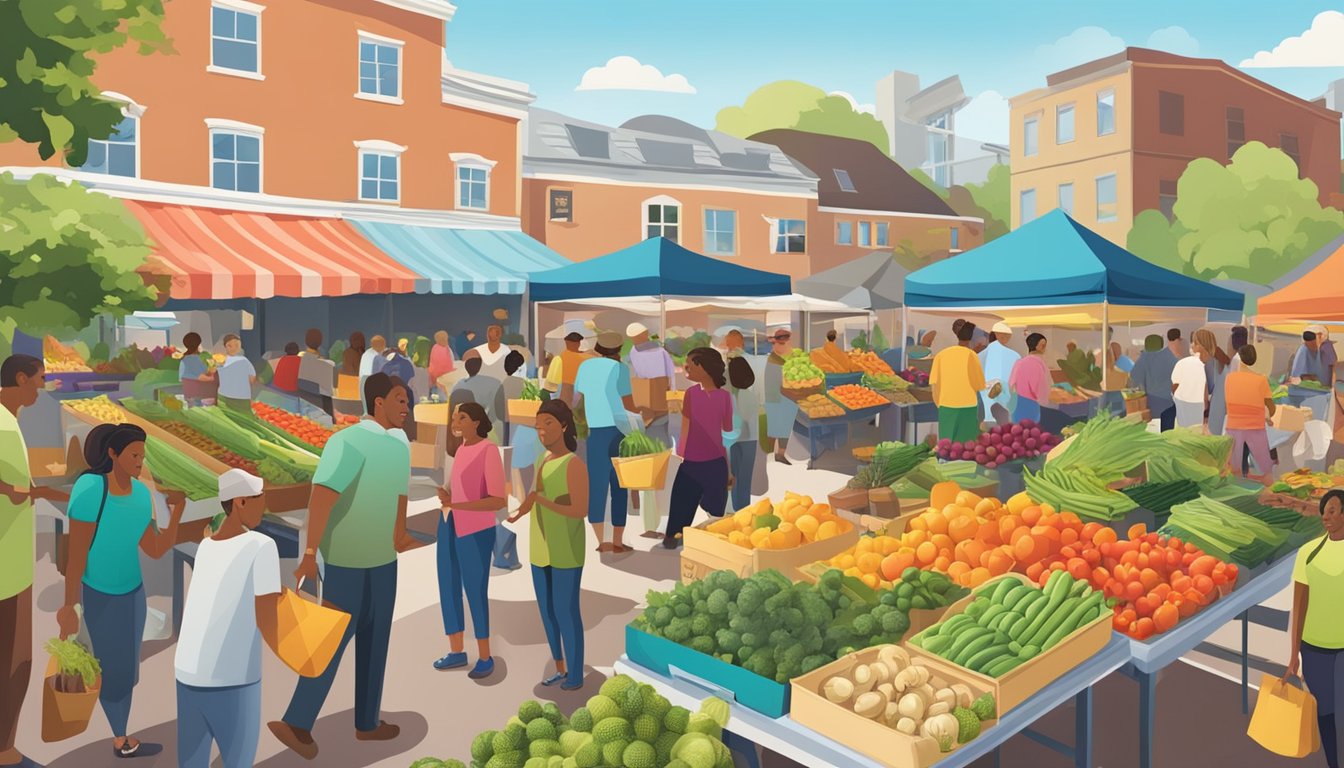 A bustling farmers' market with colorful produce, local vendors, and community members shopping and socializing