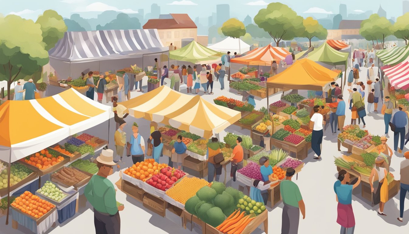 A bustling farmers market with colorful produce, flowers, and artisan goods displayed under striped tents, surrounded by eager customers and vendors