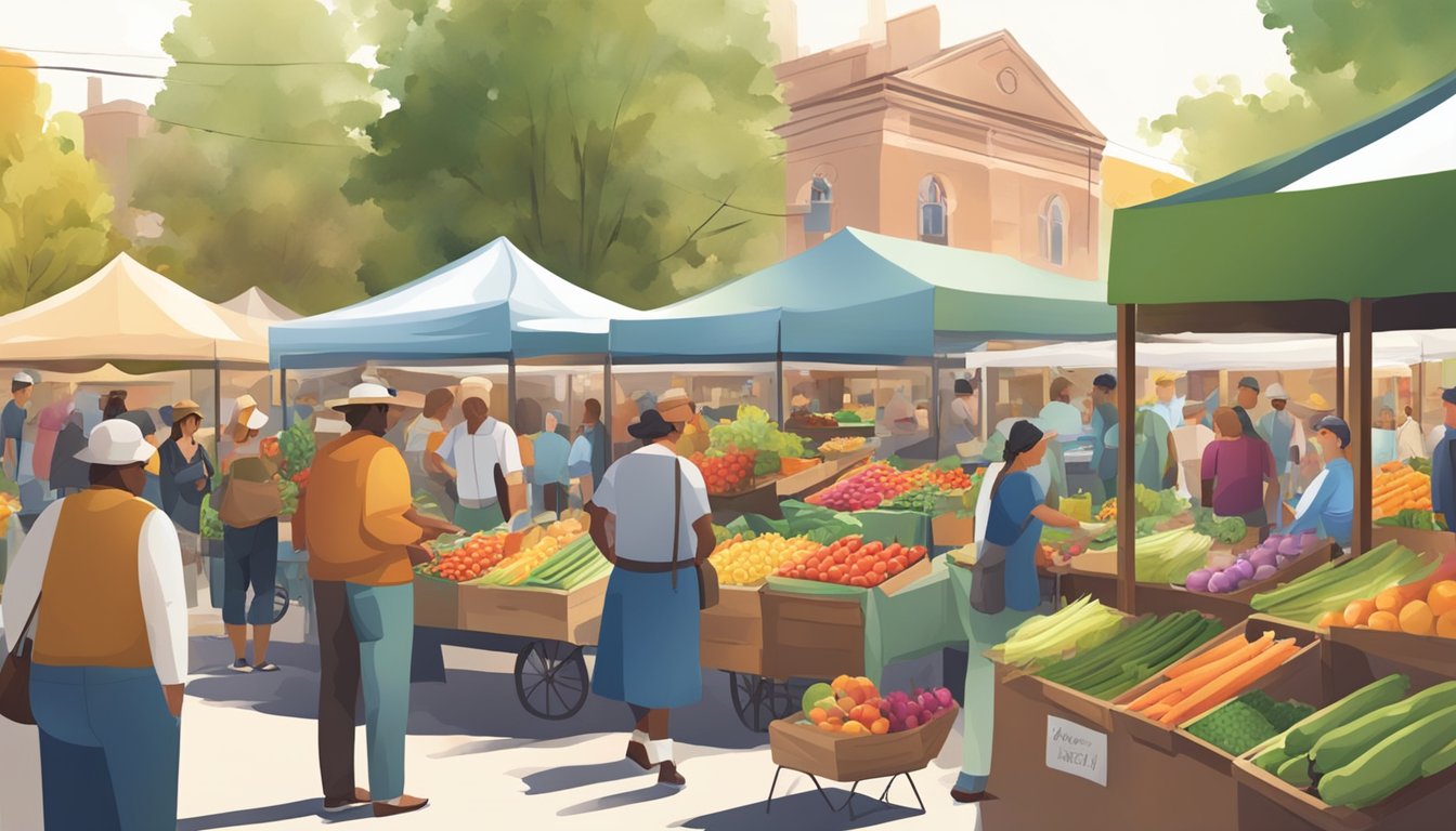 A bustling farmers' market with colorful stalls, fresh produce, and local vendors. Customers browse and chat, enjoying the community atmosphere