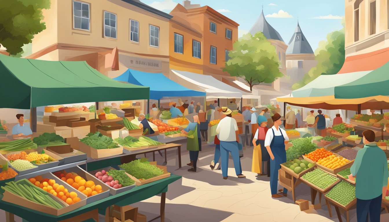 A bustling farmers' market with colorful stalls and a variety of fresh produce, surrounded by a charming small town setting