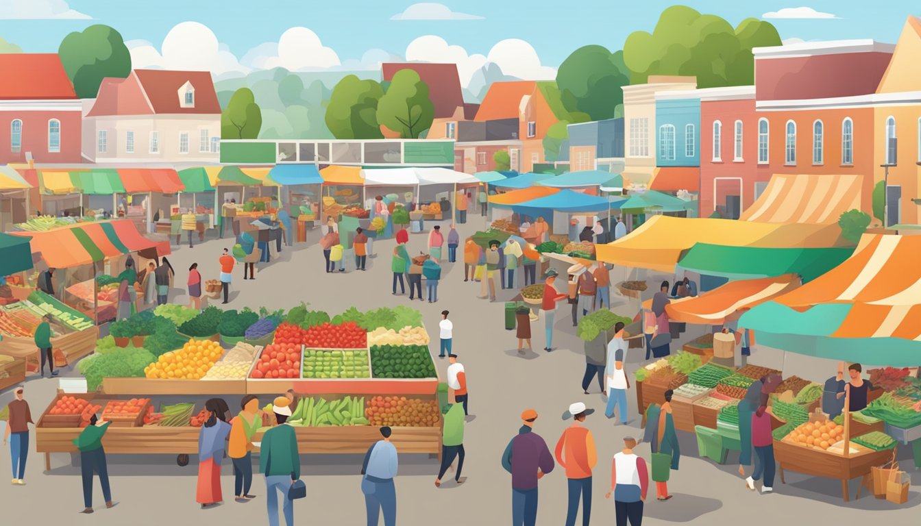 A bustling farmers' market with colorful stalls and friendly vendors, surrounded by a diverse community of shoppers