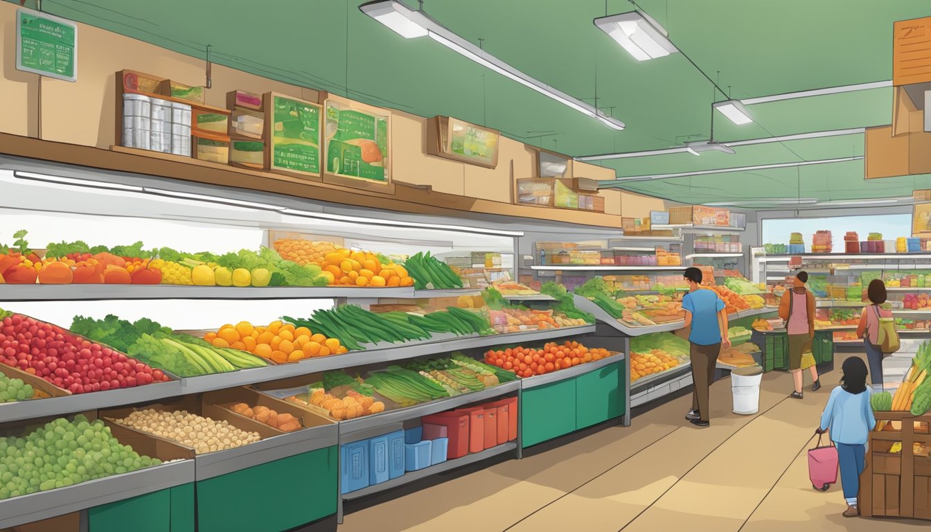 A bustling local food coop with colorful produce, shelves stocked with goods, and customers browsing the aisles