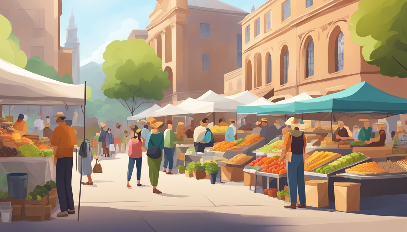 A bustling farmers' market with colorful stalls and a variety of fresh produce, baked goods, and homemade products. Customers chat with vendors and sample local foods