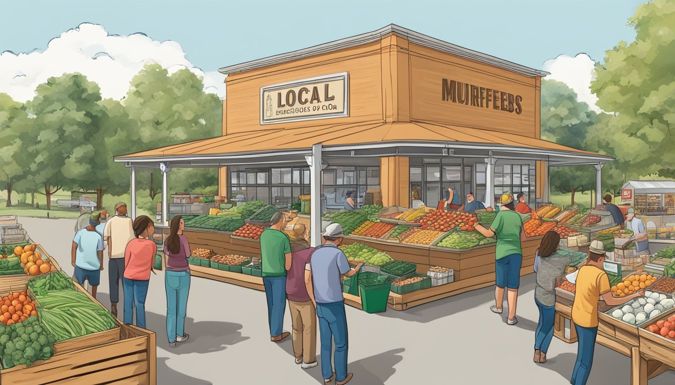 A bustling local food co-op in Murfreesboro, TN, with farmers selling fresh produce and customers browsing through a variety of locally sourced goods