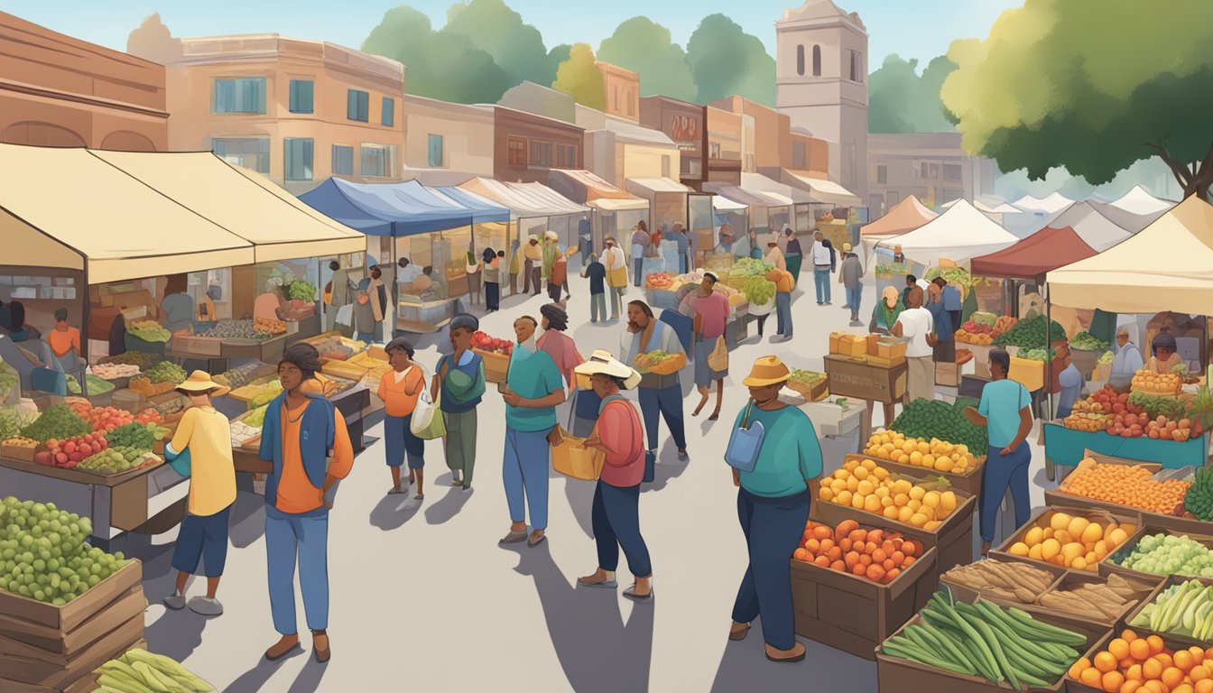 A bustling farmer's market with diverse vendors and community members exchanging goods and information