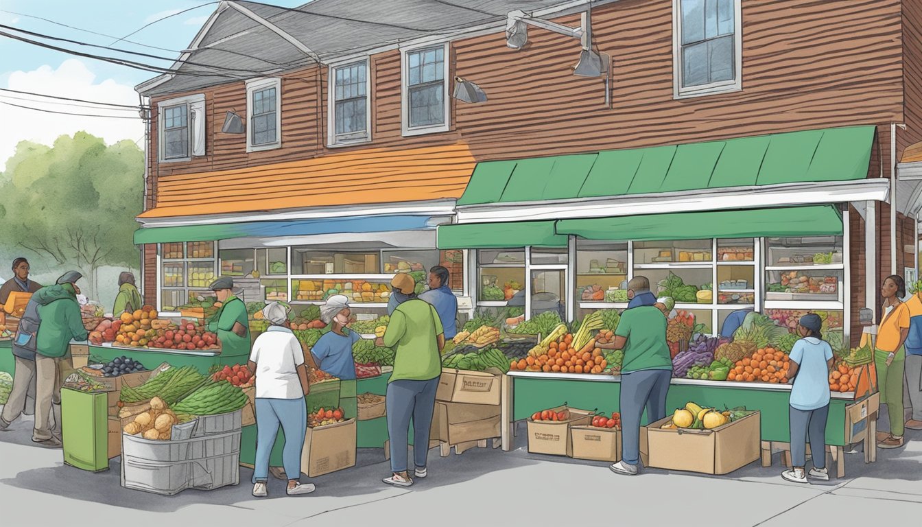 A bustling local food coop in Brockton, MA, with volunteers distributing fresh produce and canned goods to community members in need