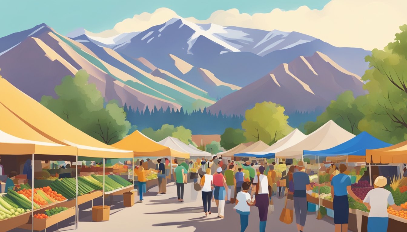 A bustling farmers' market with colorful stalls of fresh fruits and vegetables, surrounded by the picturesque mountains of Boulder, Colorado