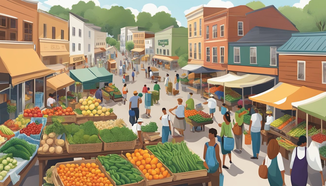 A bustling local market with colorful produce, artisanal goods, and friendly vendors. Nearby, a CSA program offers fresh, organic fruits and vegetables to eager customers