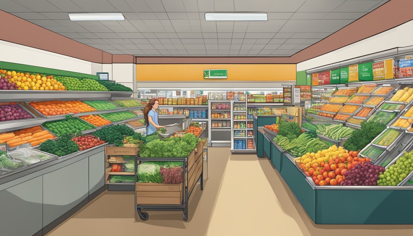 A bustling local food co-op in Brockton, MA, with colorful produce, shelves of bulk goods, and a friendly cashier at the checkout counter