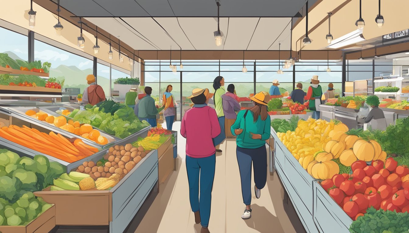 A bustling local food co-op in Boulder, CO, with members enjoying the benefits of fresh produce and friendly community