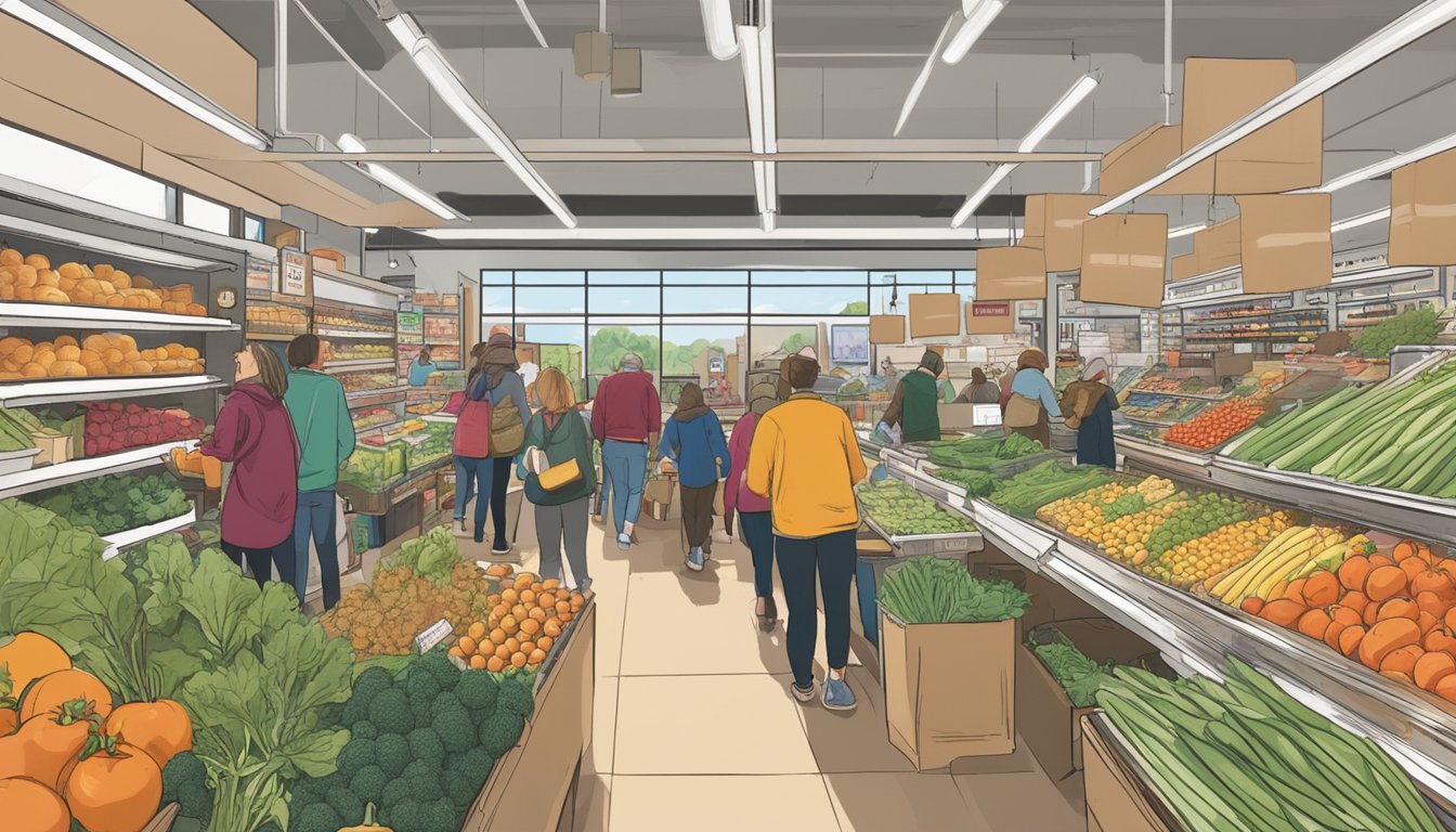 A bustling food co-op in downtown Boulder, Colorado, with shelves stocked full of fresh produce, local goods, and busy customers browsing the aisles