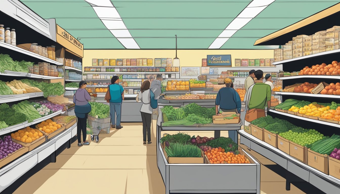 A bustling food cooperative in Salinas, CA, with shelves stocked full of locally-sourced produce, dairy, and other goods. Customers browse the aisles, chatting with staff and each other