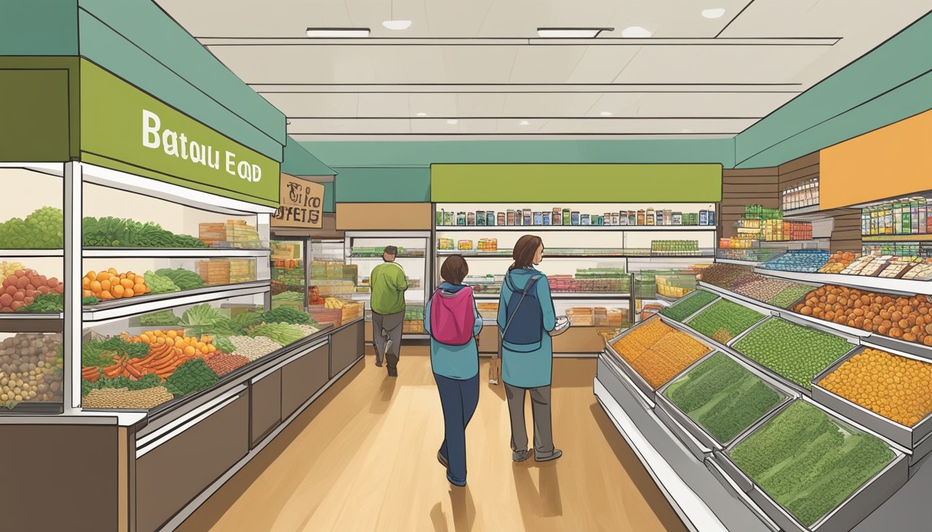 A bustling local food co-op in Boulder, CO showcases specialty products and dietary considerations. Shelves are stocked with organic produce, artisanal goods, and allergy-friendly options. Customers browse the aisles, chatting with knowledgeable staff