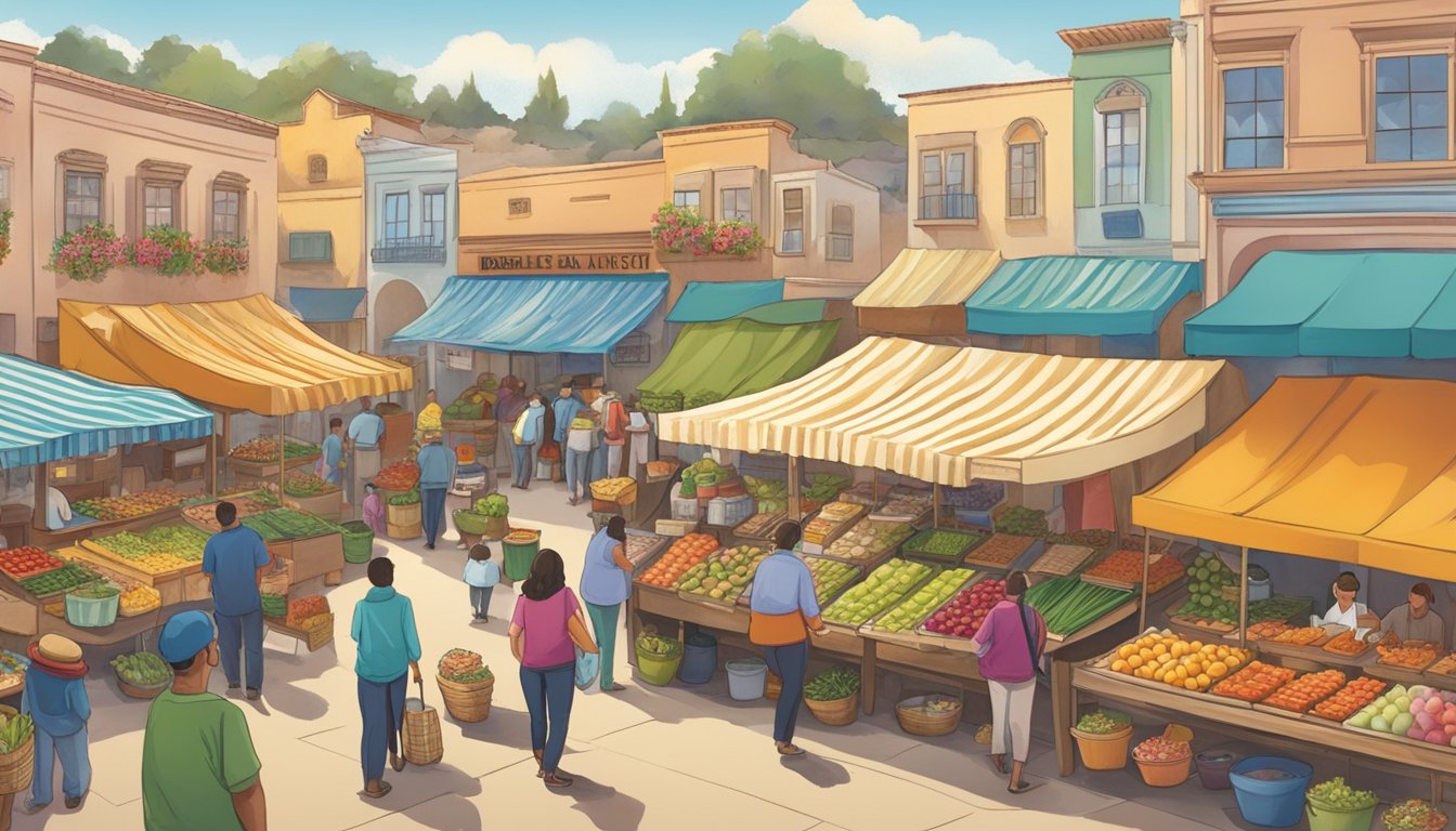 A bustling outdoor market with colorful stalls and a variety of fresh produce, baked goods, and artisanal products. The backdrop features the town of Salinas, CA