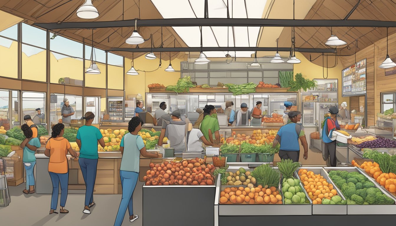 A bustling local food co-op with diverse members and vendors interacting in Salinas, CA